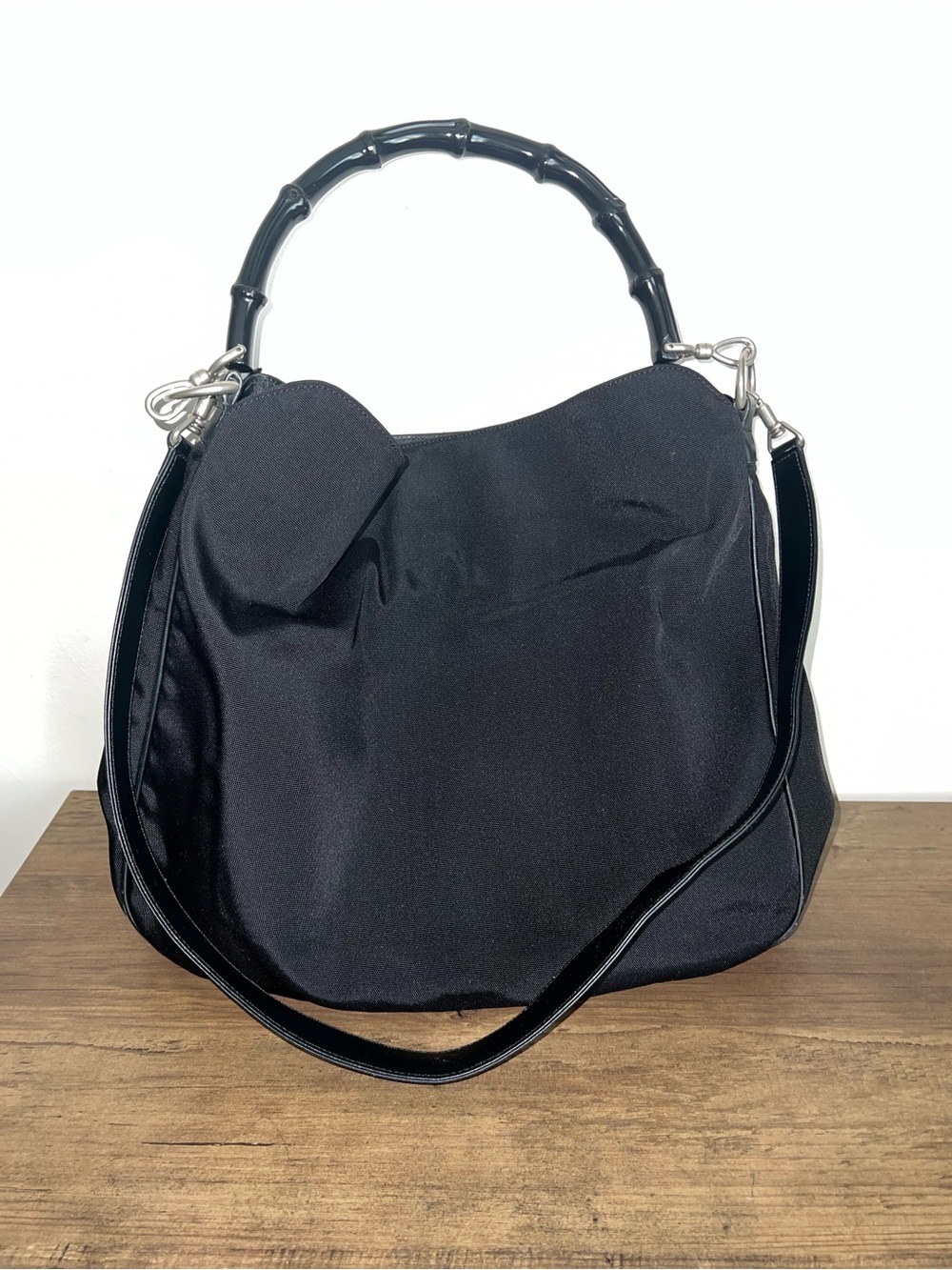 Gucci Black Bamboo-Handle Nylon Shoulder Bag with Detachable Strap